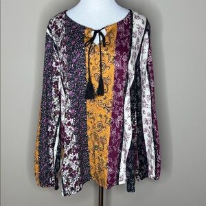 Patchwork Floral Tie-Neck Blouse - Burgundy, Mustard, Black, White